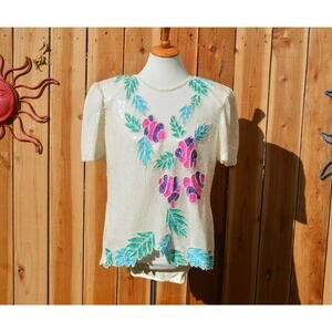 Vintage 1980s No Label White Sequined Mermaid Short Sleeve Blouse